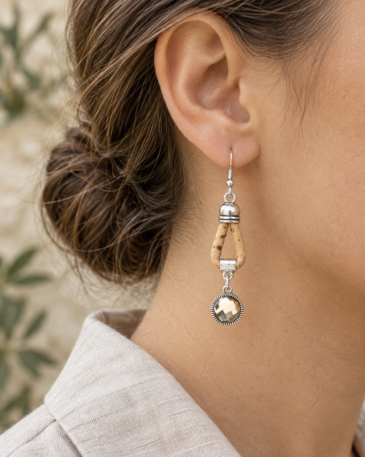 Portuguese Handmade 3mm Natural Cork Drop Earrings with Round Pattern Pendant – Pack of 5 Pairs-ER-211-5