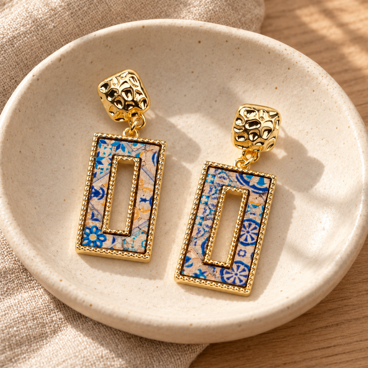 Tri-color natural cork geometric cutout rectangular gold earrings  – Pack of 6Pairs-ER-214-MIX-6