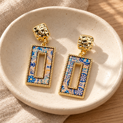 Tri-color natural cork geometric cutout rectangular gold earrings  – Pack of 6Pairs-ER-214-MIX-6