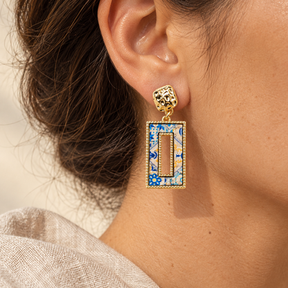 Tri-color natural cork geometric cutout rectangular gold earrings  – Pack of 6Pairs-ER-214-MIX-6