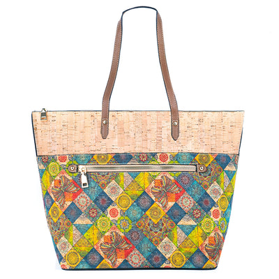 Chic Natural and Printed Cork Ladies' Tote Bag with PU Handle BAG-2331