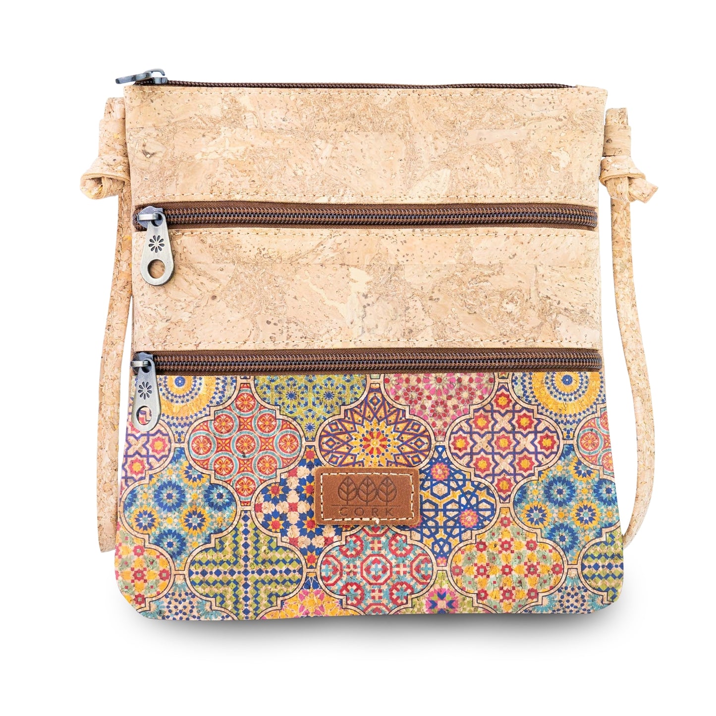 Printed Cork Crossbody Bag with Multiple Zip Compartments BAGD-656