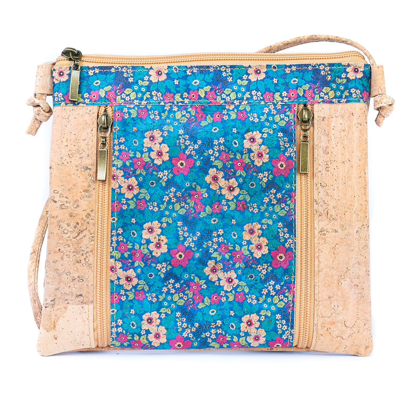 Floral White Print Cork Shoulder Bag with Zippered Pockets BAGP-019