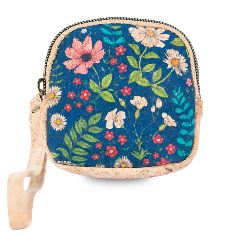 Square Cork Coin Purse with Wrist Strap – Floral Pattern BAG-2377