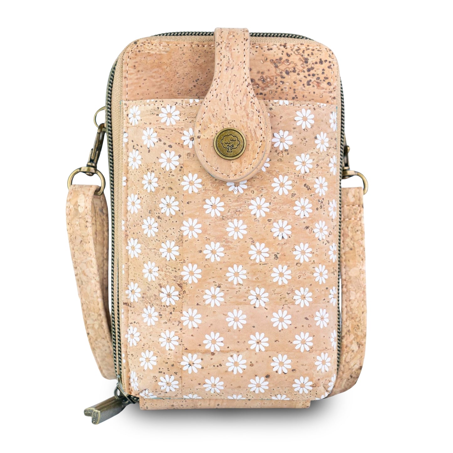Natural Cork Double Zip Phone Crossbody Bag for Women – Floral Print Vegan Crossbody Wallet BAGD-2402