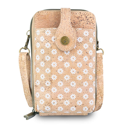Natural Cork Double Zip Phone Crossbody Bag for Women – Floral Print Vegan Crossbody Wallet BAGD-2402