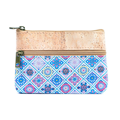 Triple Zip Printed Cork Women's Coin Purse with Floral and Mosaic Designs BAG-2325
