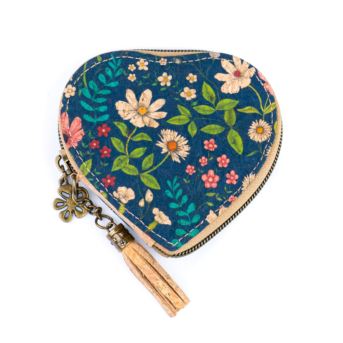 Heart-Shaped Cork Coin Purse with Tassel - Vegan Leather Alternative Zipper Pouch BAG-2370