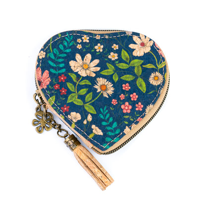 Heart-Shaped Cork Coin Purse with Tassel - Vegan Leather Alternative Zipper Pouch BAG-2370