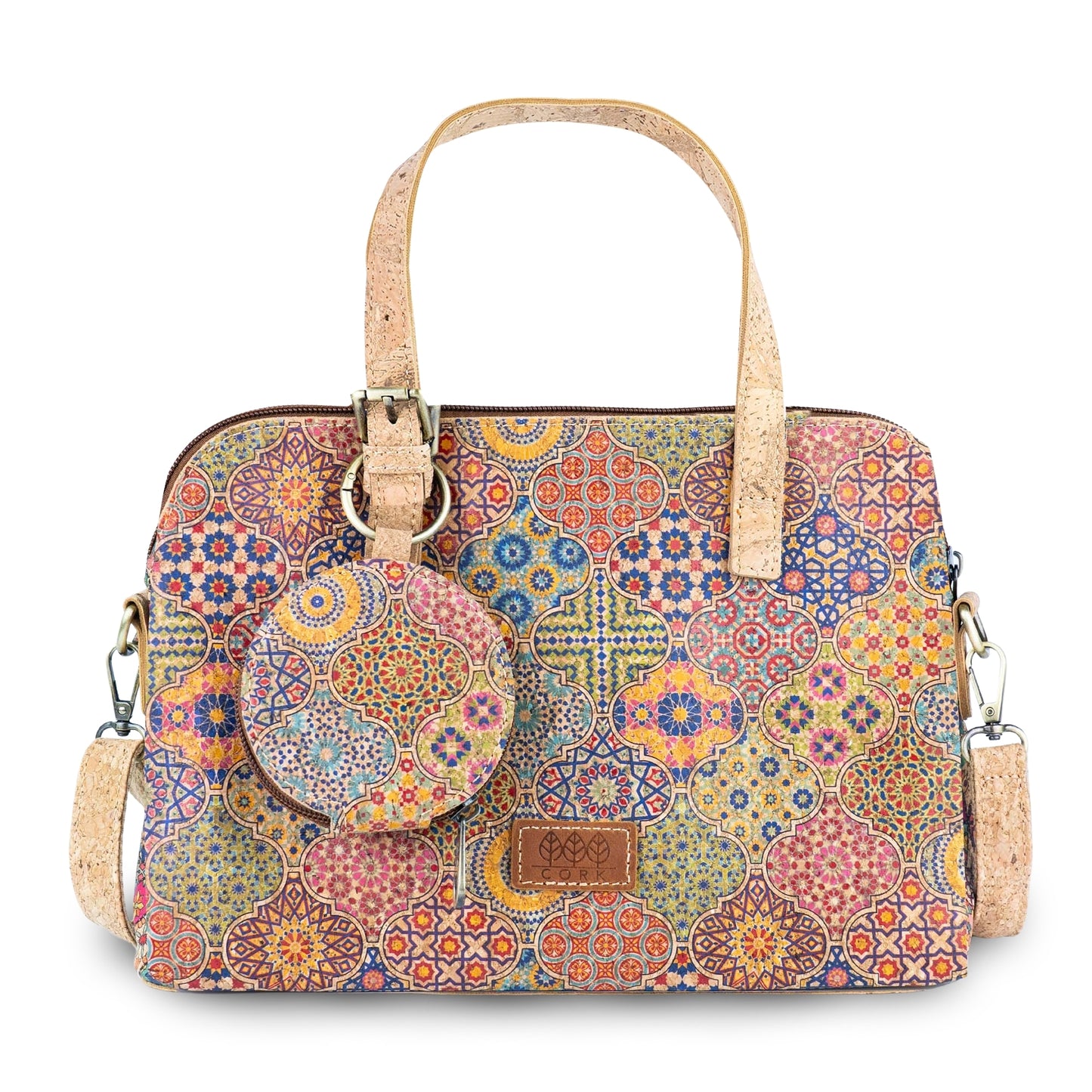 Printed Cork Handbag with Detachable Mini Zipper Purse & Shoulder Strap BAGD-667