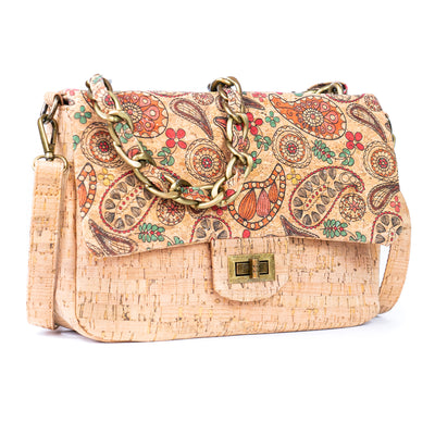 Women's Cork Shoulder Bag with Chain Accent and Button Closure BAGD-560