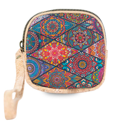 Square Cork Coin Purse with Wrist Strap – Floral Pattern BAG-2377