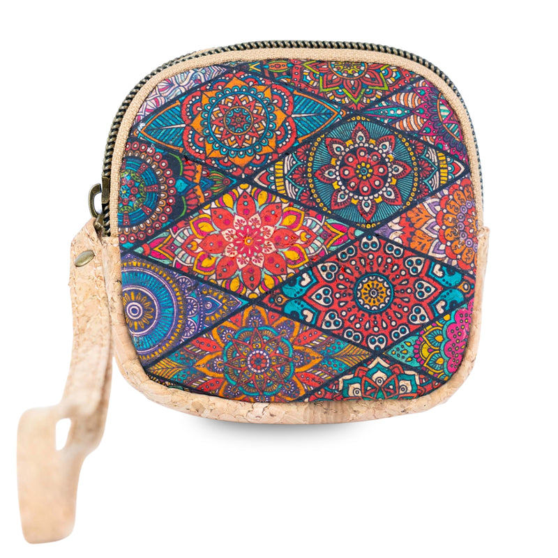 Square Cork Coin Purse with Wrist Strap – Floral Pattern BAG-2377