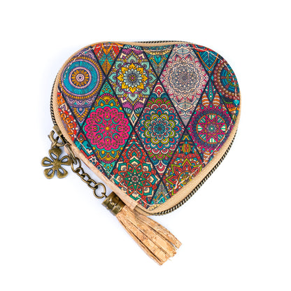 Heart-Shaped Cork Coin Purse with Tassel - Vegan Leather Alternative Zipper Pouch BAG-2370