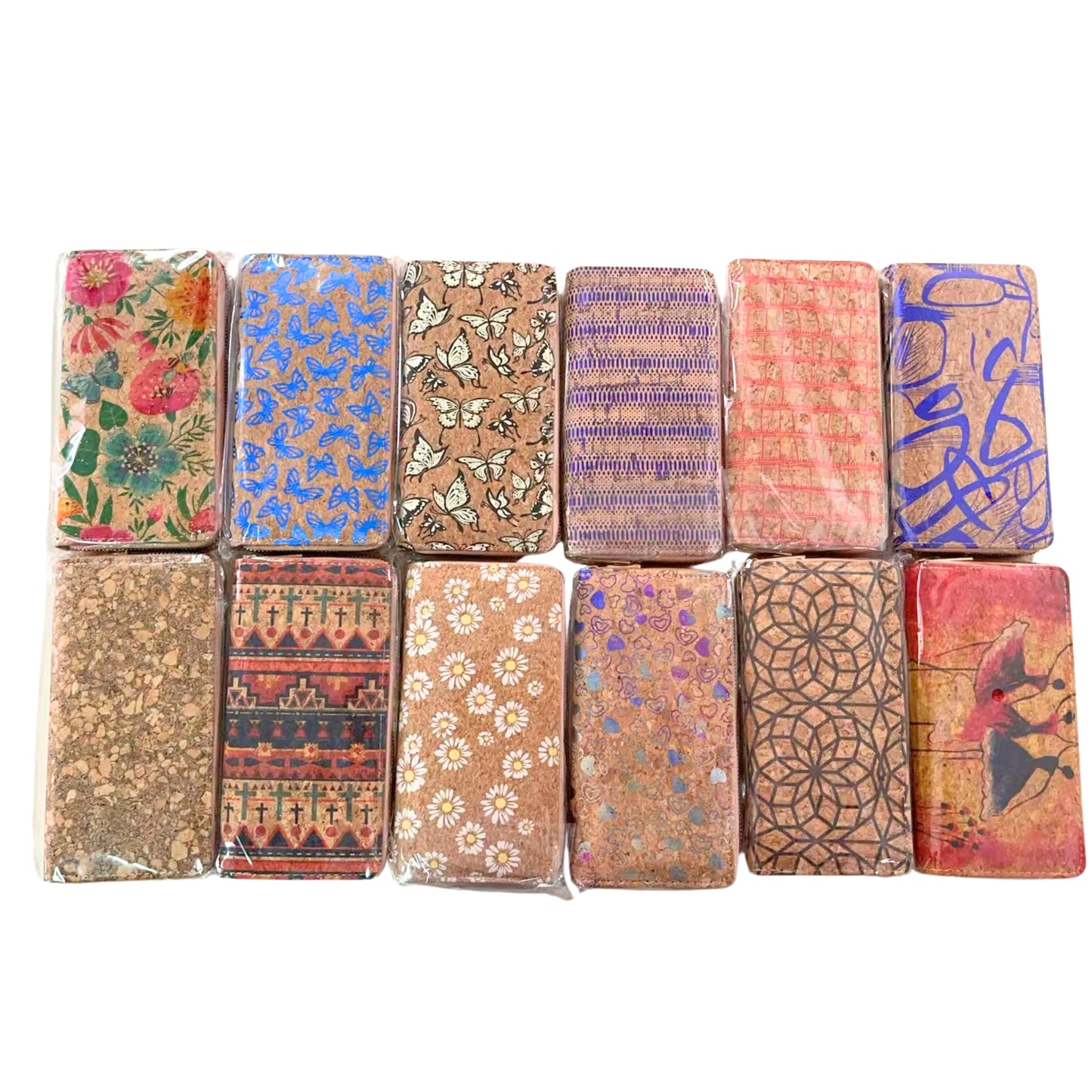 12pcs | Printed Cork Zip-Around Wallet —BAGD-623