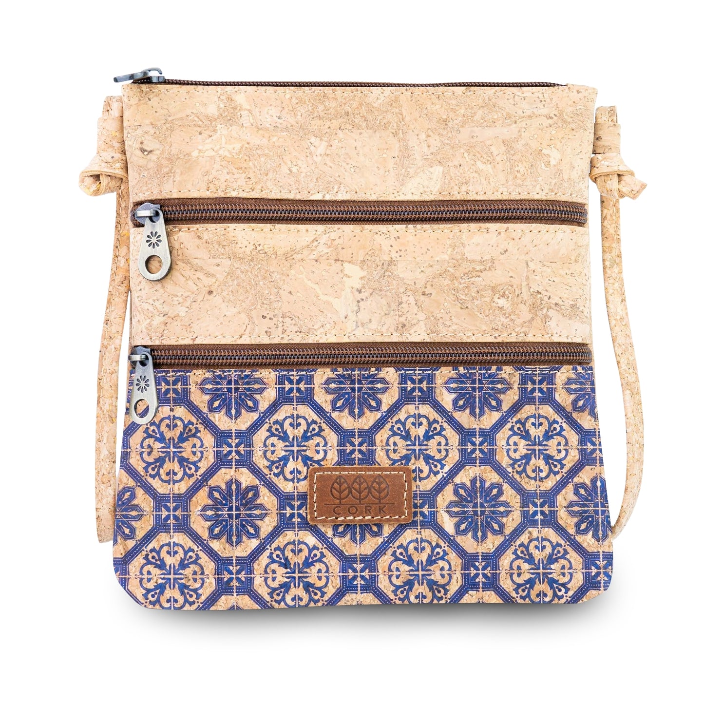Printed Cork Crossbody Bag with Multiple Zip Compartments BAGD-656