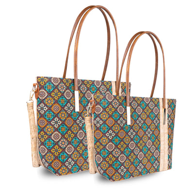 Set of 2 Printed Cork Handbags – Large & Small Tote Bag Combo BAGD-481A