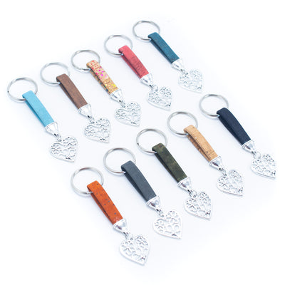 colored cork cord and heart pendant handmade cork keychain  I-012-MIX-10