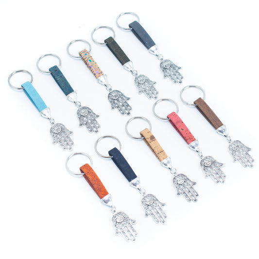 colored cork cord and hand of God pendant handmade cork keychain  I-021-MIX-10