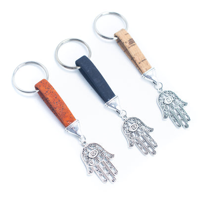 colored cork cord and hand of God pendant handmade cork keychain  I-021-MIX-10