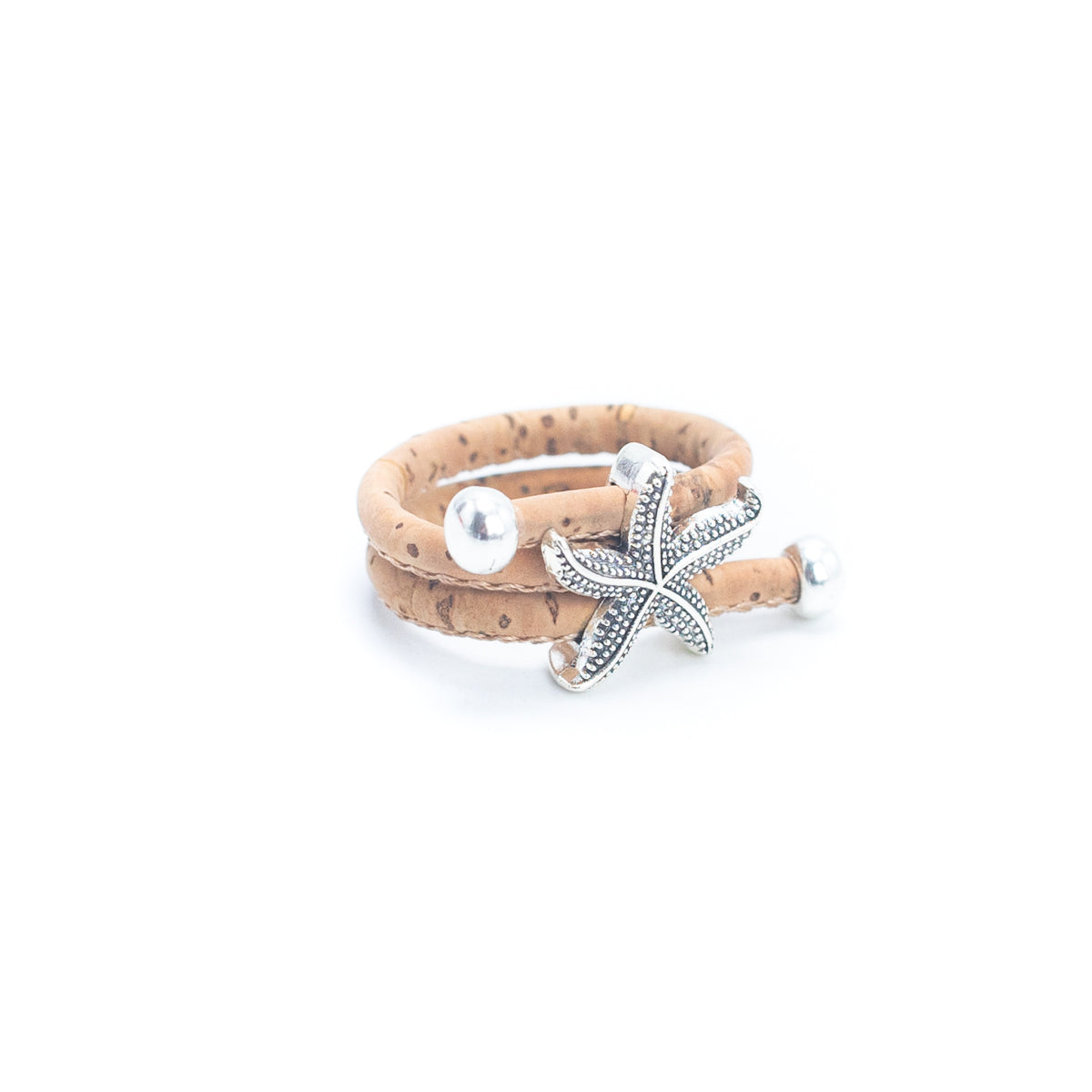 Handcrafted women's ring with natural cork cord and starfish alloy hardware  R-022-MIX-10