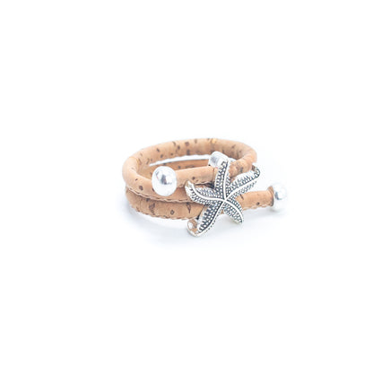 Handcrafted women's ring with natural cork cord and starfish alloy hardware  R-022-MIX-10