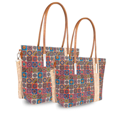 Set of 2 Printed Cork Handbags – Large & Small Tote Bag Combo BAGD-481A