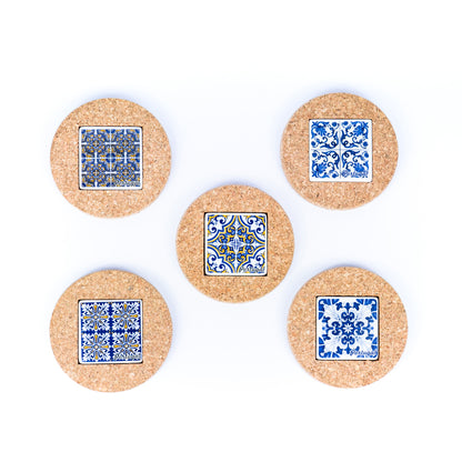 (5units)Vintage Cork and Ceramic Tile Coaster Cup Pad L-069