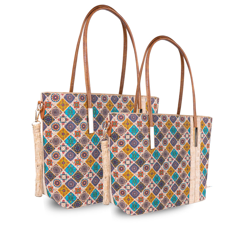 Set of 2 Printed Cork Handbags – Large & Small Tote Bag Combo BAGD-481A