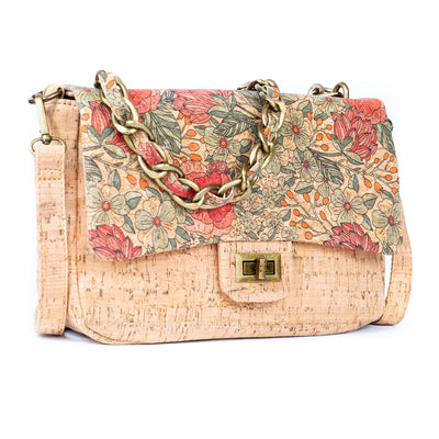 Women's Cork Shoulder Bag with Chain Accent and Button Closure BAGD-560