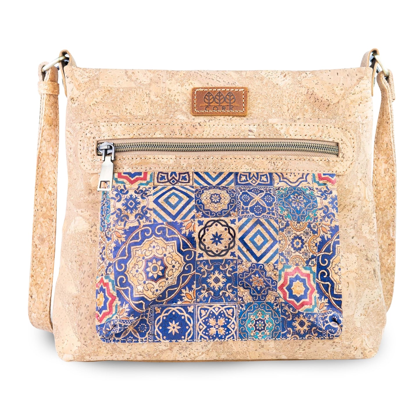 Printed Cork Crossbody Bag with Multiple Zipper Pockets BAGD-665