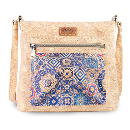 Printed Cork Crossbody Bag with Multiple Zipper Pockets BAGD-665