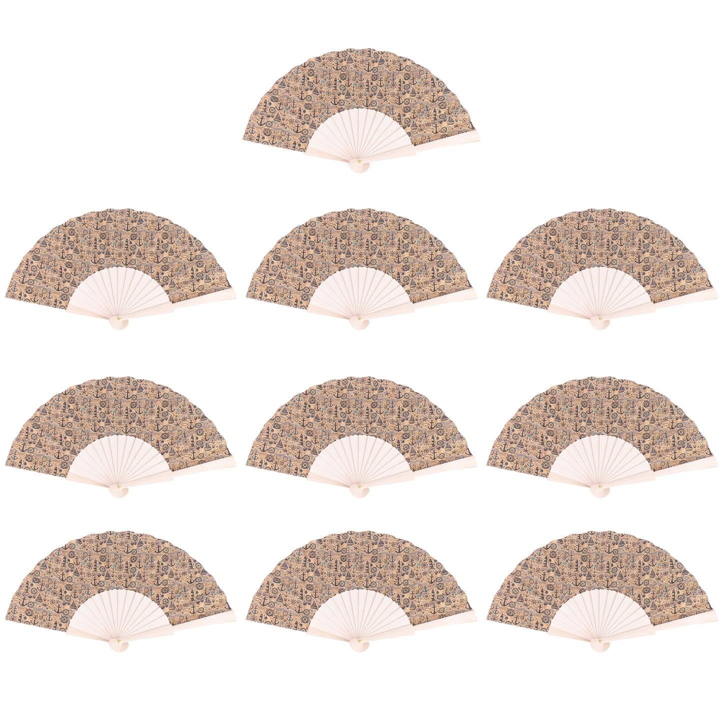 10units-Cork Antique Wooden Folding Hand Fan  L-1182