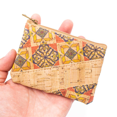 (10units）Printed Cork Coin Purse in Diagonal Floral Pattern BAGD-146