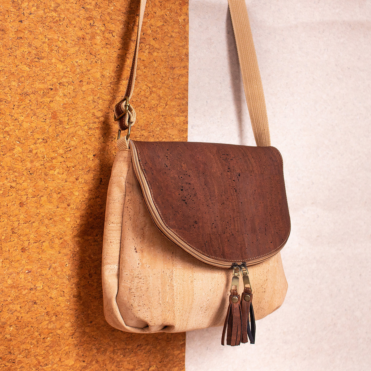 Elegant Cork Crossbody Bag – Natural & Colorful Tassel Flap Shoulder Purse BAGP-026