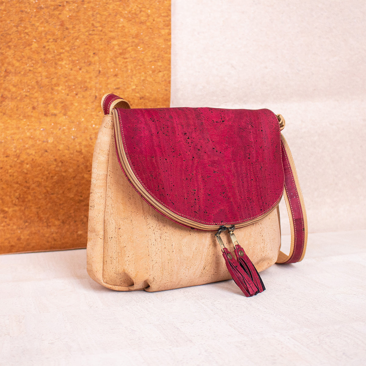 Elegant Cork Crossbody Bag – Natural & Colorful Tassel Flap Shoulder Purse BAGP-026