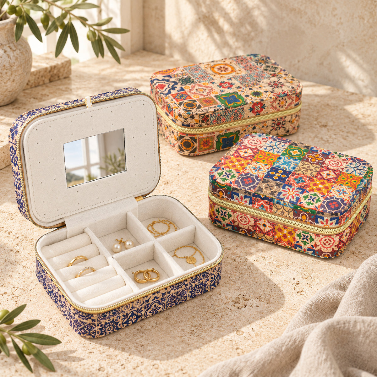 Rectangular Tile Cork Jewelry Box with Mirror L-1225