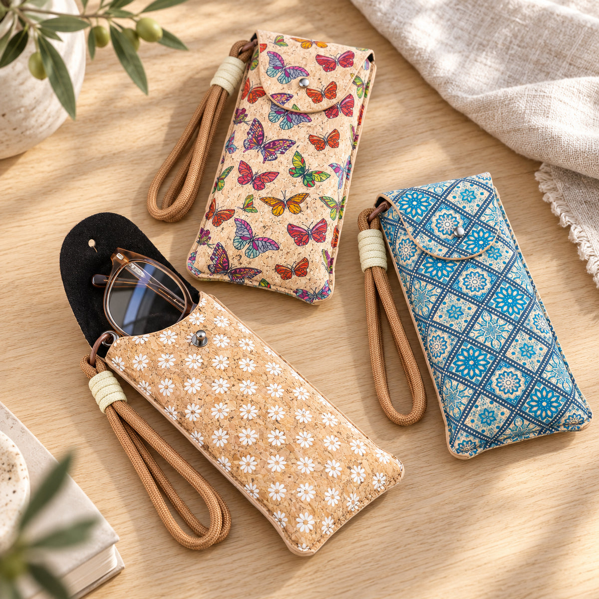 Printed Cork Glasses Pouches with Wrist Strap – Pack of 10 | L-1230-MIX-10