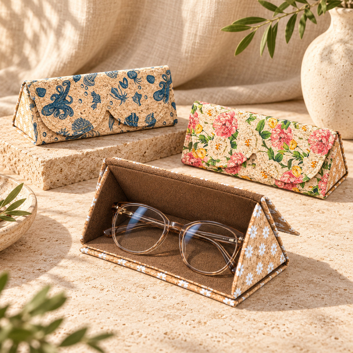 Foldable Cork Glasses Cases – Assorted Prints L-1235-MIX-20（20 units)
