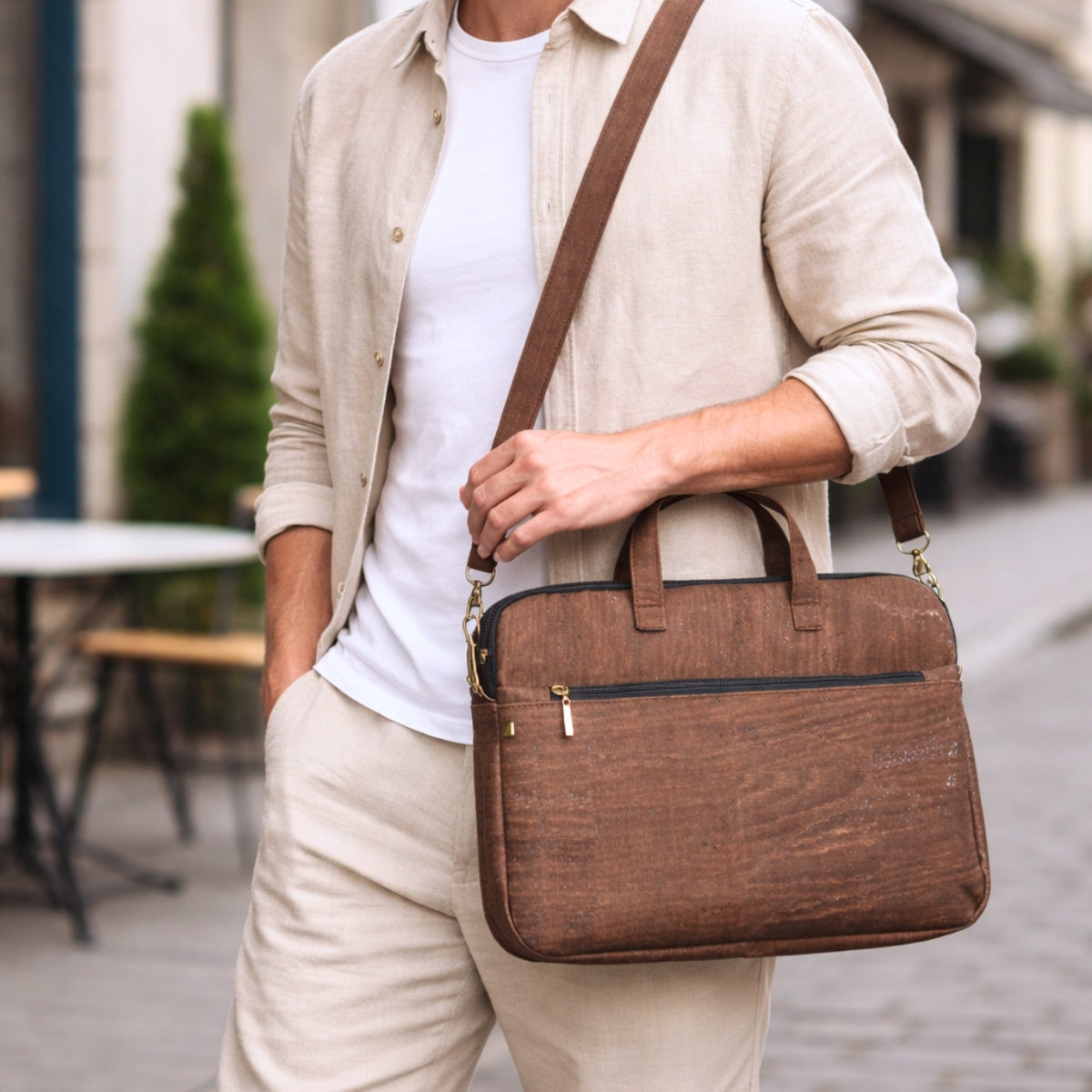 Eco-Friendly Cork Laptop Bag with Front Zip Pocket - Vegan Leather Briefcase BAGP-330