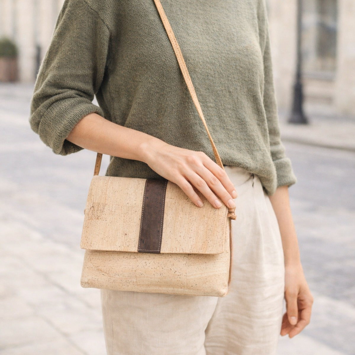 Cork Crossbody Bag with Color Stripe - Vegan Shoulder Bag BAGP-356