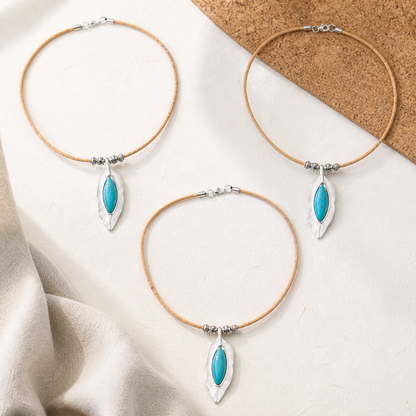 Natural Cork Necklace with Turquoise Leaf Pendant – Handmade in Portugal N-187-5
