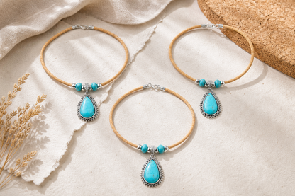 Handmade 5mm Natural Cork Necklace with Turquoise-Colored Pendant N-205-3