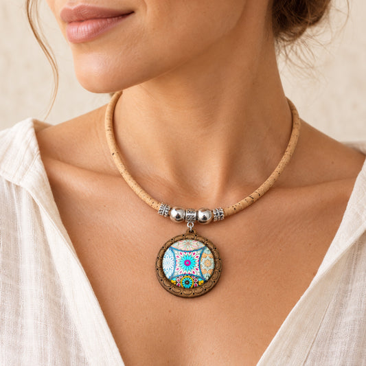 5mm Colorful Natural Cork Cord Necklace with Mandala-Style Wooden Pendant – 4 Colors-NE-1101-4