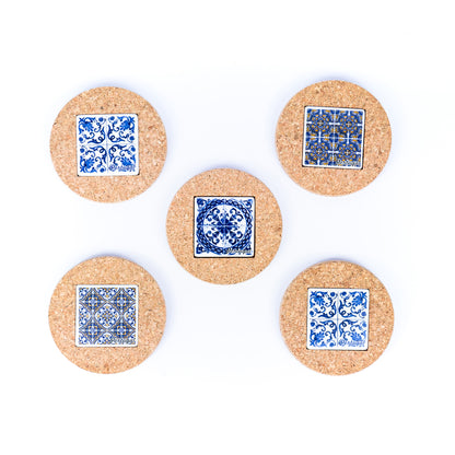 (5units)Vintage Cork and Ceramic Tile Coaster Cup Pad L-069