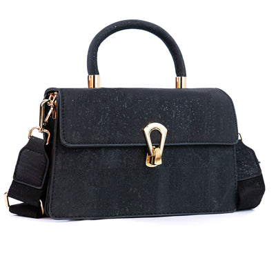 Elegant Black Cork Crossbody Bag with Gold Buckle and Cotton Strap BAG-2321