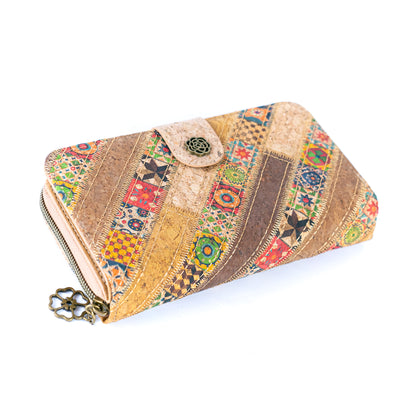 Patchwork-Stitched Printed Cork Long Wallet  BAGD-591