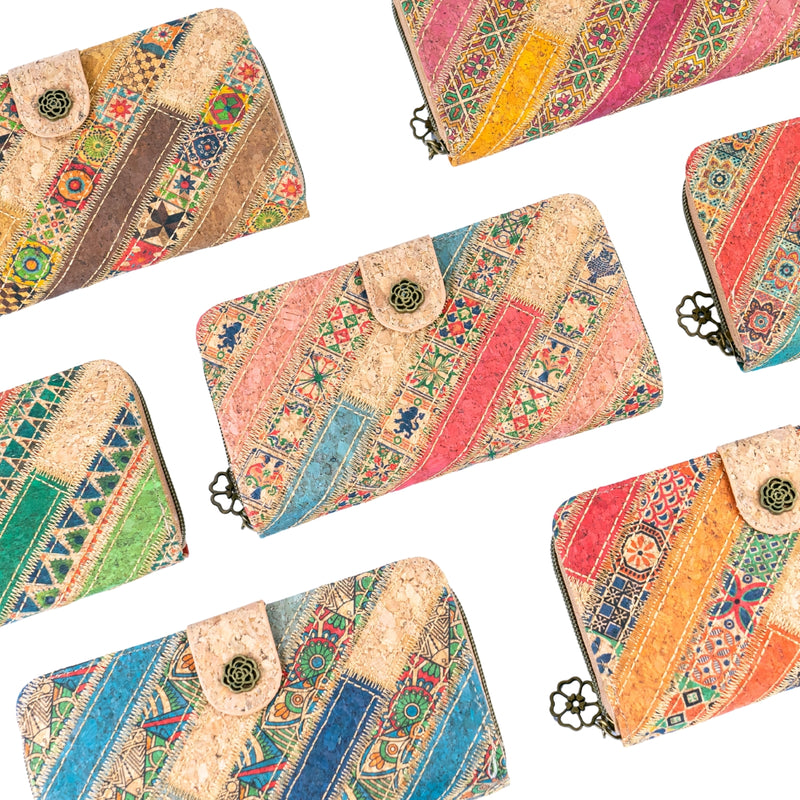 Patchwork-Stitched Printed Cork Long Wallet  BAGD-591