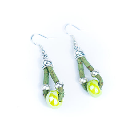 Natural cork cord and colorful ceramic beads handmade women's earrings -ER-140-MIX-5