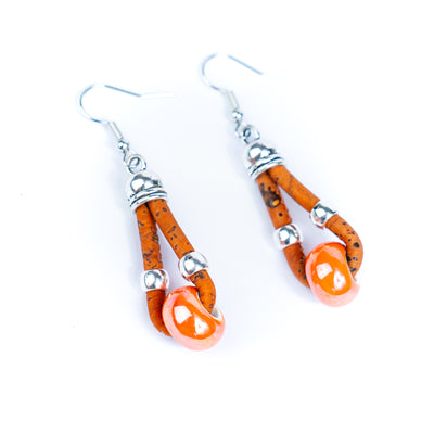 Natural cork cord and colorful ceramic beads handmade women's earrings -ER-140-MIX-5